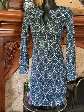 Tory Burch Blue and White 100% Silk Knit Dress S